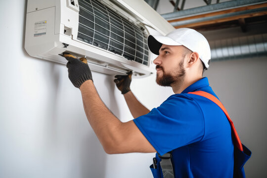 HVAC technician installing a mini split air conditioner in South San Francisco