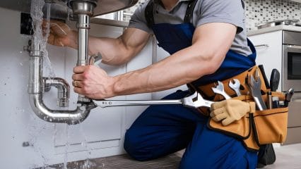 Plumber repairing pipes beneath a sink in South San Francisco